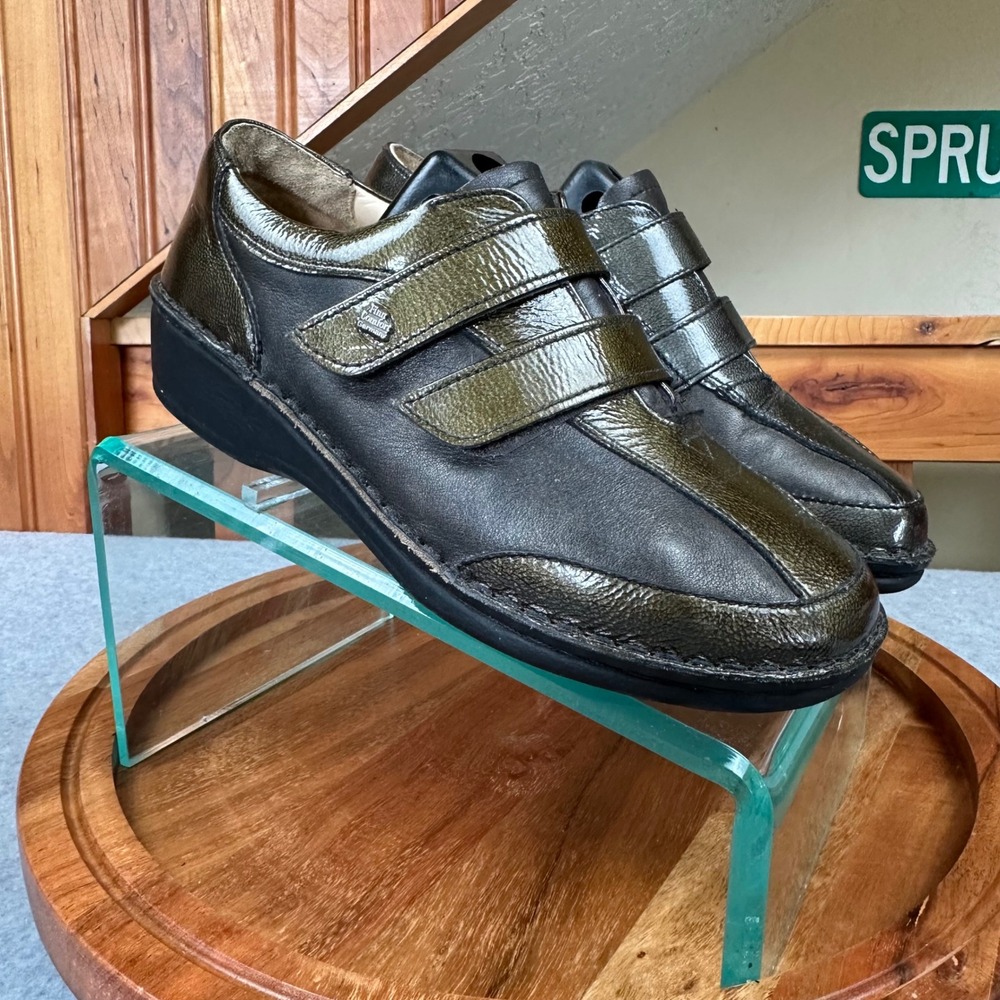 Finn Comfort Germany Metallic Olive Black Leather‎ Hook Loop Walking Shoes 38